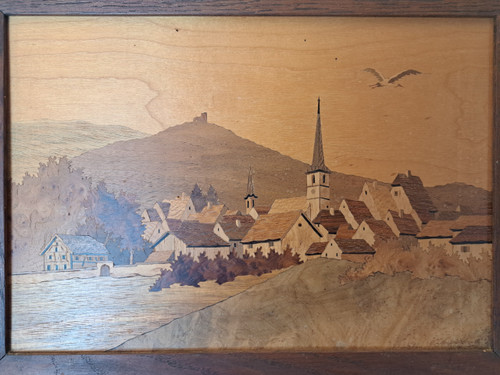 Joseph Aufderbruck , Vue De Village , Marqueterie , XX°. 