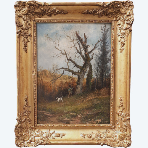 Nicolas RENIE Barbizon hunter hound hunt French landscape forest 19th