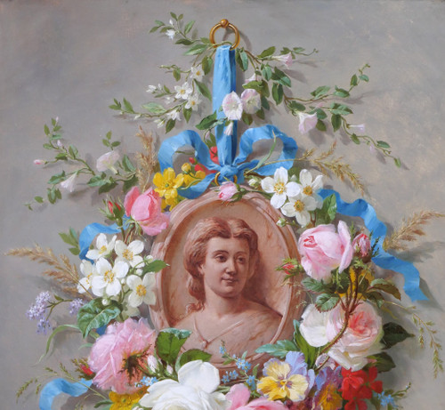 Marius VASSELON 1841-1924 Natura morta di fiori estivi con ritratto di donna, dipinto, 1864