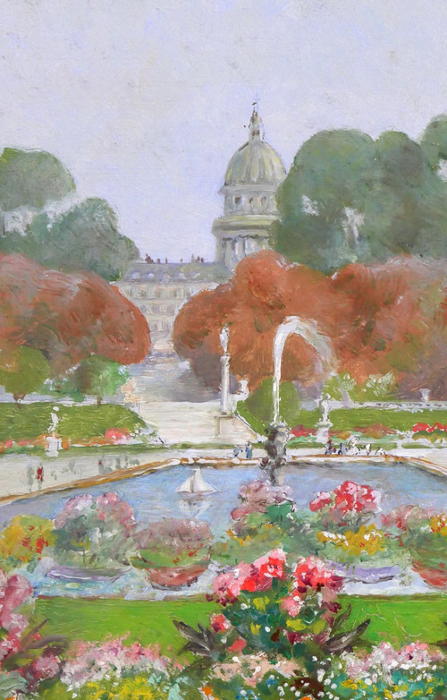 Gaston Gérard 1859-? Parigi, i Giardini del Lussemburgo e il Pantheon, dipinto, 1885-90 ca.