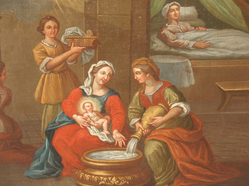 The Bathing of the Nativity Child oil on canvas Italian school large religious painting 17th c.