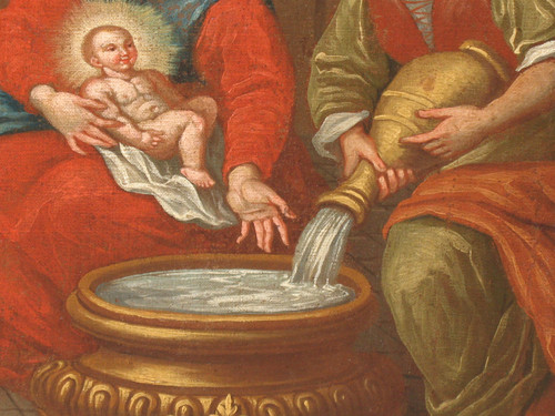 The Bathing of the Nativity Child oil on canvas Italian school large religious painting 17th c.