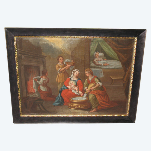 The Bathing of the Nativity Child oil on canvas Italian school large religious painting 17th c.