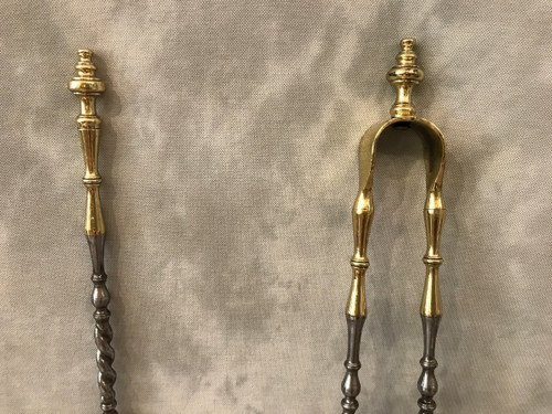 Set of an iron and brass shovel and tongs, 19th century