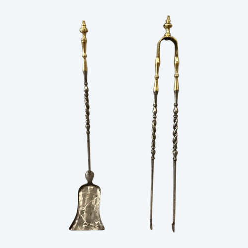 Set of an iron and brass shovel and tongs, 19th century