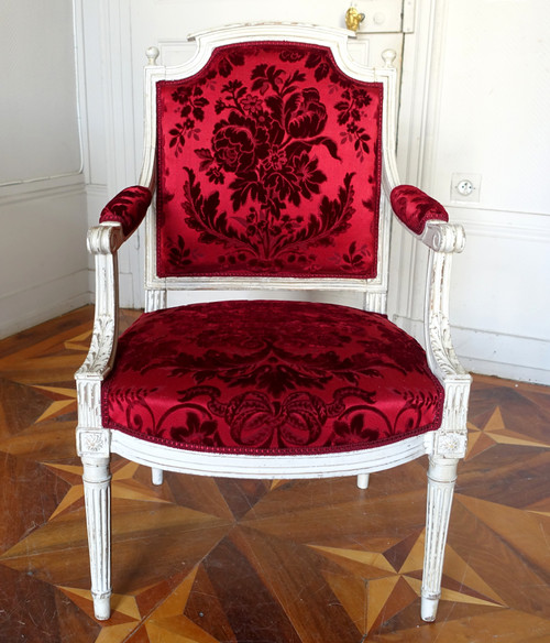 Louis XVI period desk armchair in carved wood and Genoa velvet