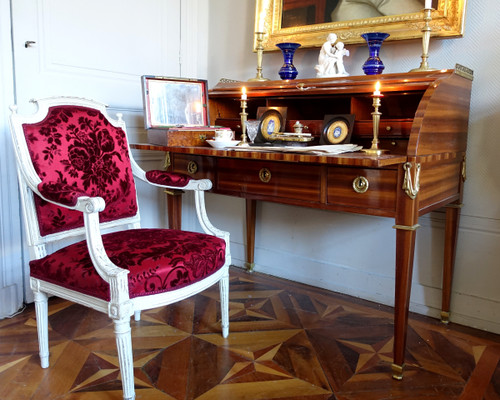 Louis XVI period desk armchair in carved wood and Genoa velvet