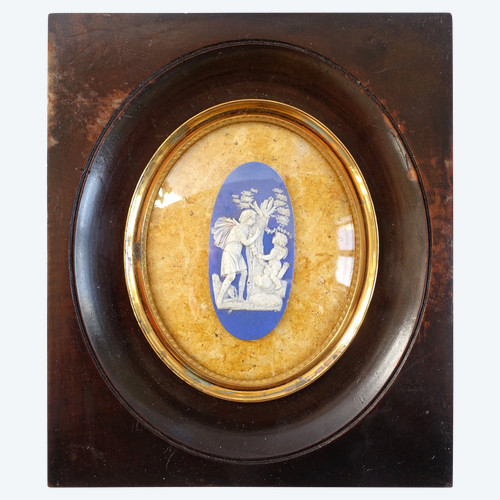 Miniature blue Wedgwood mythological scene on yellow faux marble background - 19th century