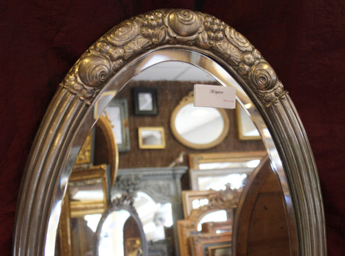 Art-deco Silver Metal Oval Mirror (Süe Et Mare), Beveled Glass 52 X 83 Cm