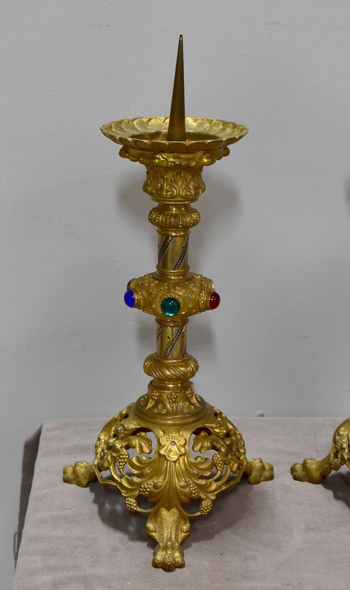 Coppia di Candelieri in Bronzo Dorato e Ottone – 1900