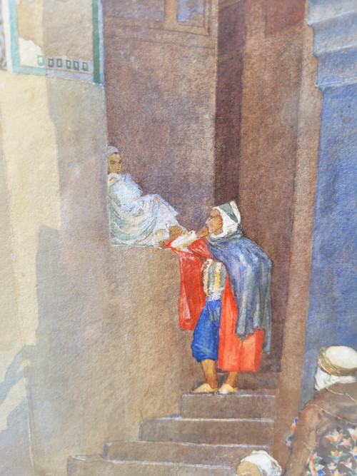 Lively Alley, gerahmtes orientalisches Aquarell, spätes 19. Jahrhundert, frühes 20. Jahrhundert