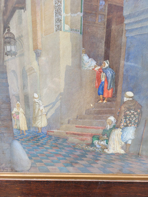 Lively Alley, gerahmtes orientalisches Aquarell, spätes 19. Jahrhundert, frühes 20. Jahrhundert