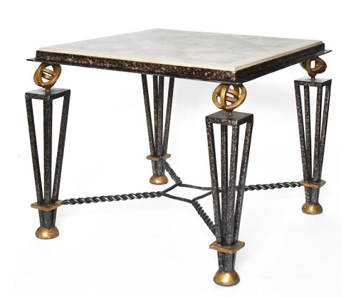 Square coffee table in the style of Gilbert Poillerat in lacquered and gilded metal and wrought iron