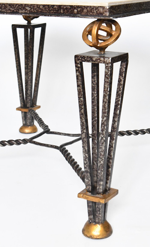 Square coffee table in the style of Gilbert Poillerat in lacquered and gilded metal and wrought iron