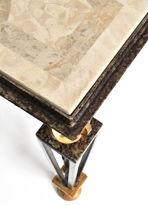 Square coffee table in the style of Gilbert Poillerat in lacquered and gilded metal and wrought iron