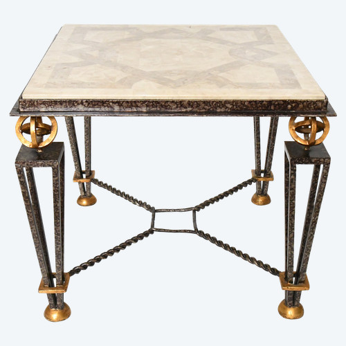 Square coffee table in the style of Gilbert Poillerat in lacquered and gilded metal and wrought iron