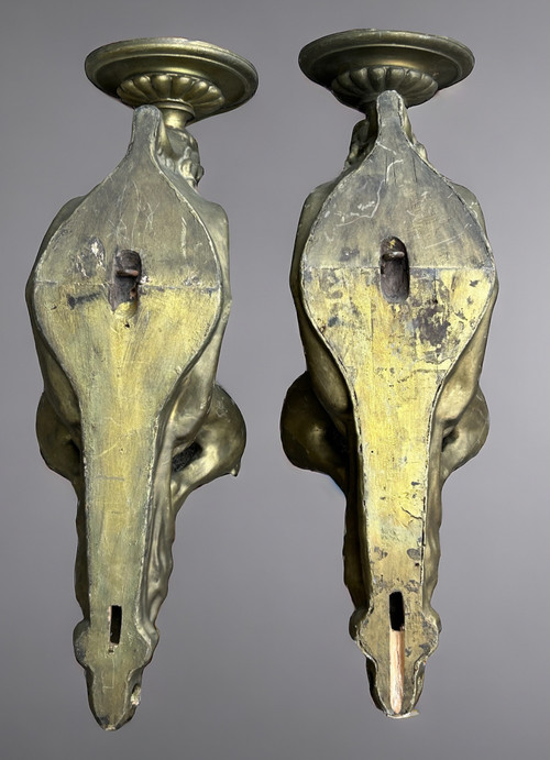 Large Pair Of Sconces In Wood And Gilded Boiled Cardboard Late 19th Century H 85 Cm