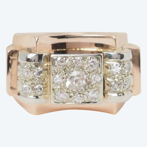 Tank ring in pink gold and diamonds