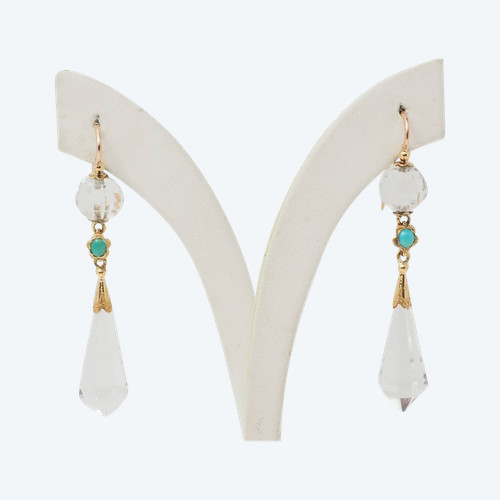 Earrings in yellow gold, rock crystal and turquoise