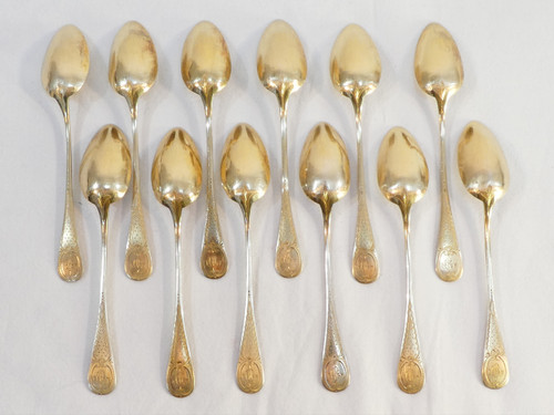 BOX OF 12 small spoons and sugar tongs STERLING SILVER vermeil H. SOUFFLOT