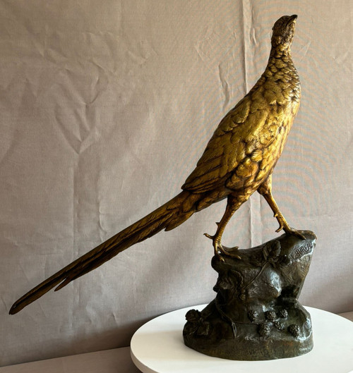 Große Bronzeskulptur „Léon Bureau“ Der Fasan auf einem Felsen.