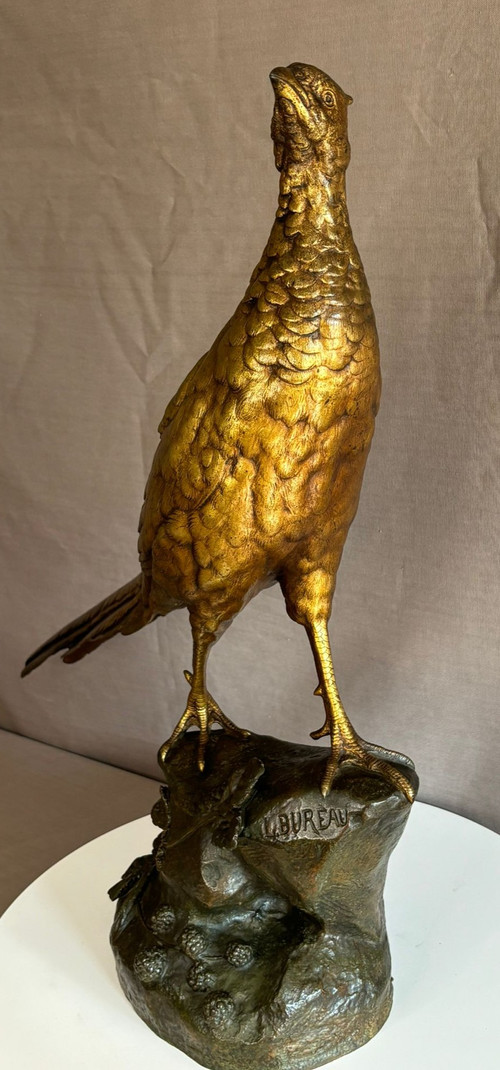 Große Bronzeskulptur „Léon Bureau“ Der Fasan auf einem Felsen.