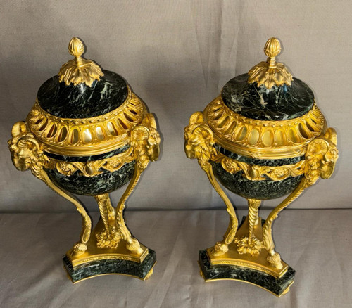 Pair of Louis XVI style Cassolettes in gilded bronze and green marble 19th century