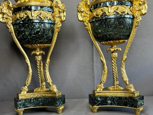 Pair of Louis XVI style Cassolettes in gilded bronze and green marble 19th century