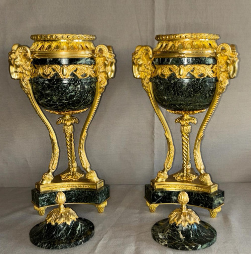 Pair of Louis XVI style Cassolettes in gilded bronze and green marble 19th century