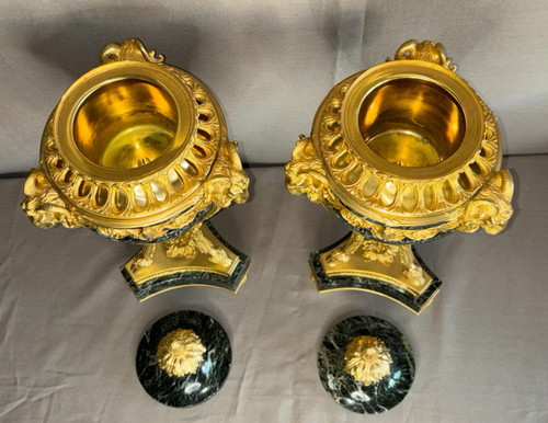 Pair of Louis XVI style Cassolettes in gilded bronze and green marble 19th century