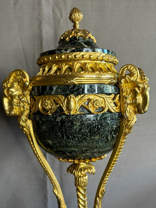 Pair of Louis XVI style Cassolettes in gilded bronze and green marble 19th century