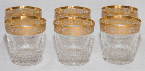 6 Saint Louis Crystal Whiskey Glasses and Carafe Thistle Gold Model