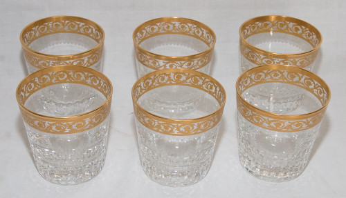 6 Saint Louis Crystal Whiskey Glasses and Carafe Thistle Gold Model