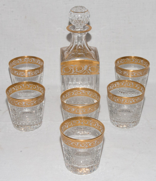 6 Saint Louis Crystal Whiskey Glasses and Carafe Thistle Gold Model