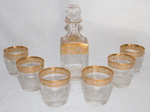 6 Saint Louis Crystal Whiskey Glasses and Carafe Thistle Gold Model