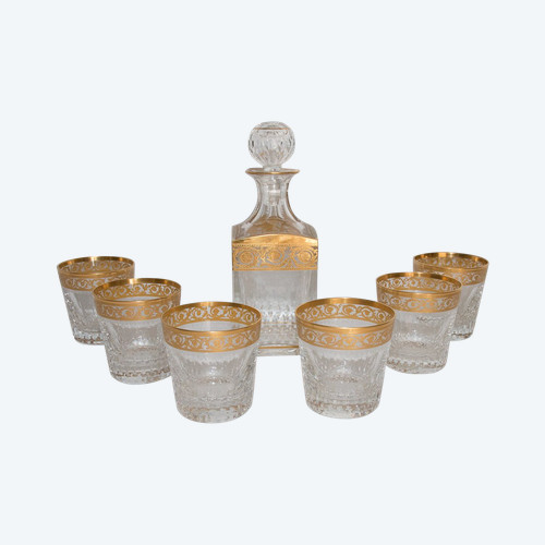 6 Saint Louis Crystal Whiskey Glasses and Carafe Thistle Gold Model