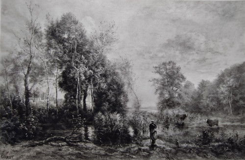 Barbizon landscape Etching Engraving By Brunet-Debaines After Corot Dated 1905 old Print