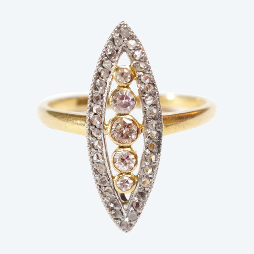 Marquise Diamanten Ring aus 18 Karat Gelbgold und Platin, Verlobungsring, Ehering