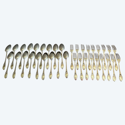 18 Dessert/Dessert Place Settings, 36 Pieces In Sterling Silver, Goldsmith Hénin& Cie Louis XVI Style