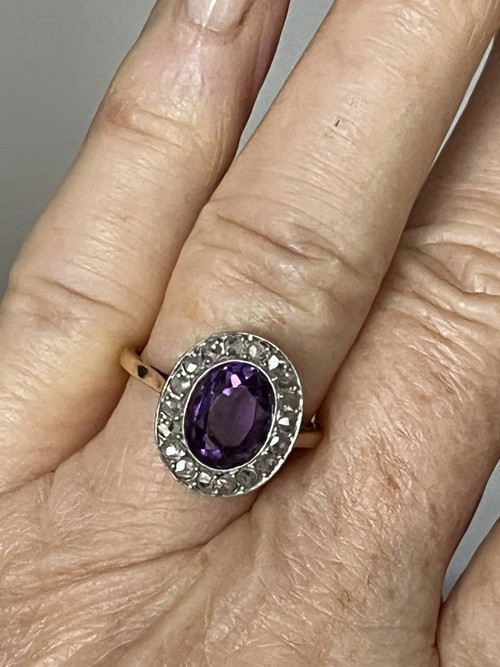 5223- Antique Gold Amethyst Diamond Ring