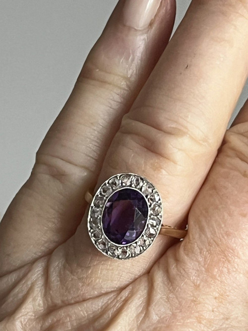 5223- Antique Gold Amethyst Diamond Ring