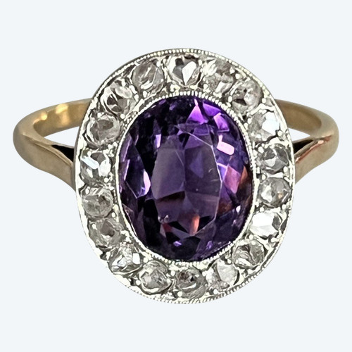 5223- Antique Gold Amethyst Diamond Ring