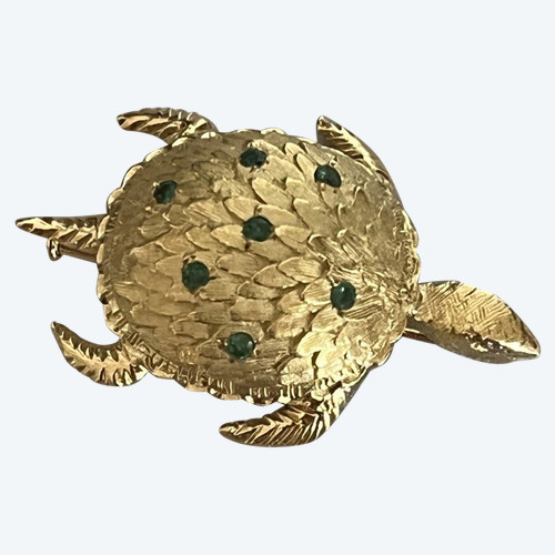 4420- Yellow Gold Emerald Diamond Turtle Brooch