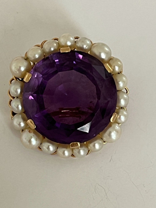 5253- Broche Années 1960 Or Jaune Améthyste Perles