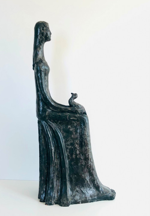 “Woman with Bird” sculpture in black glazed ceramic by Paulette Toma, France 60’s