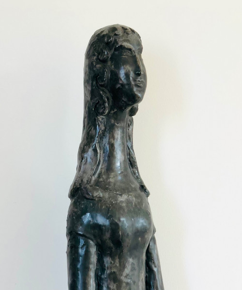 “Woman with Bird” sculpture in black glazed ceramic by Paulette Toma, France 60’s