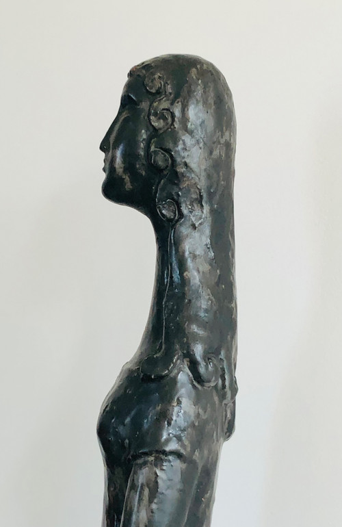 “Woman with Bird” sculpture in black glazed ceramic by Paulette Toma, France 60’s