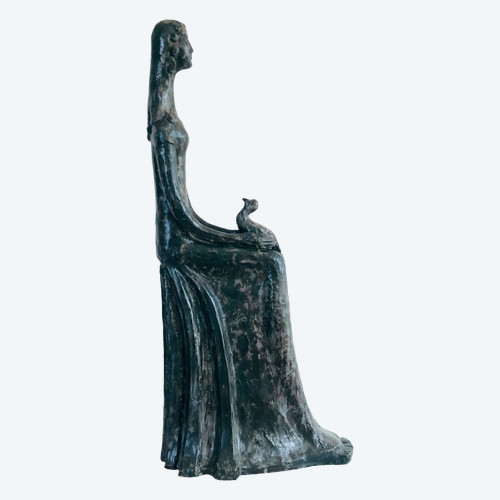 “Woman with Bird” sculpture in black glazed ceramic by Paulette Toma, France 60’s