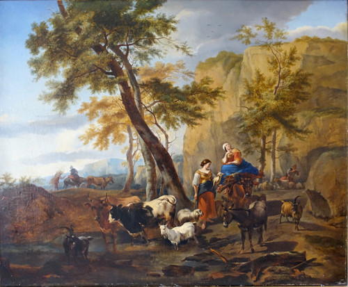 French School of the 19th century, pastoral scene in the style of Berchem, large oil on canvas