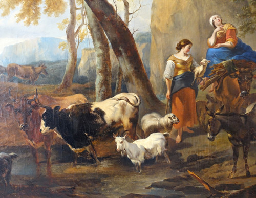 French School of the 19th century, pastoral scene in the style of Berchem, large oil on canvas